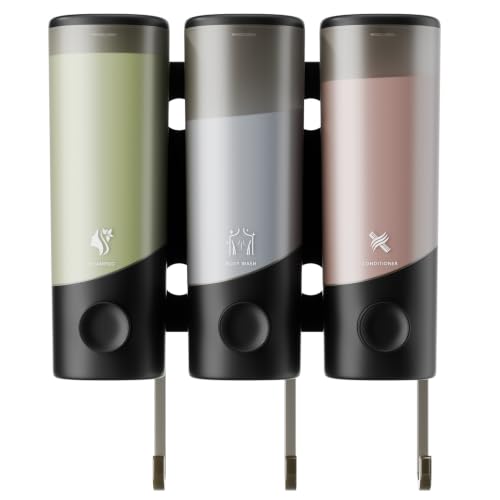 Wall Mounted Shampoo and Conditioner Dispenser with Hooks - 1200ML No-Drill Bathroom Organizer - Black