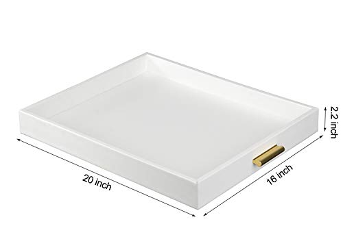 Extra Large Serving Tray with Handles - Faux Leather Storage, White & Gold, 20x16 inches