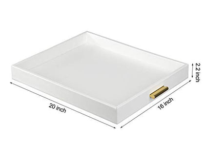Extra Large Serving Tray with Handles - Faux Leather Storage, White & Gold, 20x16 inches