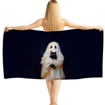 Halloween Gothic Ghost Black Cat Lightweight Beach Towel 30x60 in - Black