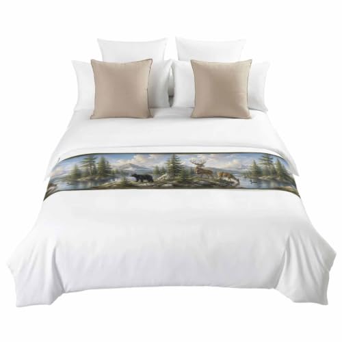 Green Forest Deer Bed Runner for King Bed 94x20 Satin Decor