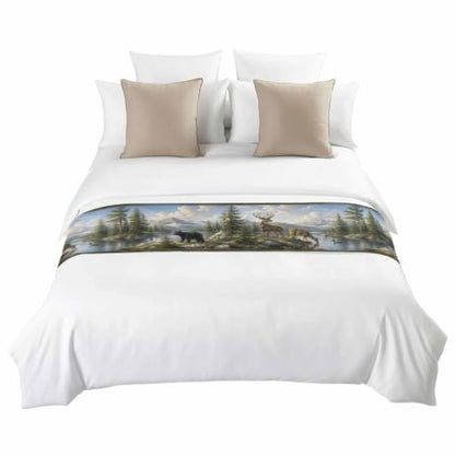 Green Forest Deer Bed Runner for King Bed 94x20 Satin Decor