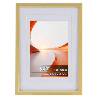5x7 Metal Picture Frame with Glass and Dual Mats - Gold Finish