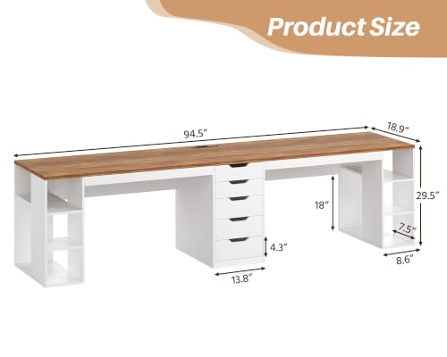 Brown and White 95 Inch 2 Person Desk with 5 Drawers & Outlets for Home Office