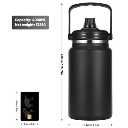 Olerd 135oz/1 Gallon Coffee Insulated Thermoses for Travel - Large Insulated Water Jug Classic Vacuum Bottle with Straw - 4.0L Stainless Steel Ice buckets for Hiking Fishing（Black）