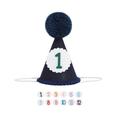 Baby Birthday Party Hat - Felt with Pom-Pom - Dark Blue, Ages 1-12
