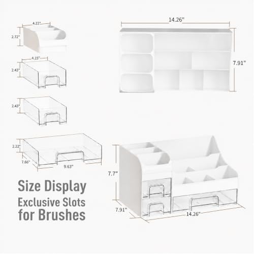 Extra Large Makeup Organizer with 3 Drawers & Brush Holder - White Clear Variation