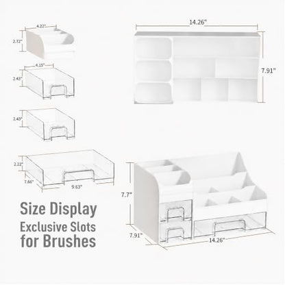 Extra Large Makeup Organizer with 3 Drawers & Brush Holder - White Clear Variation