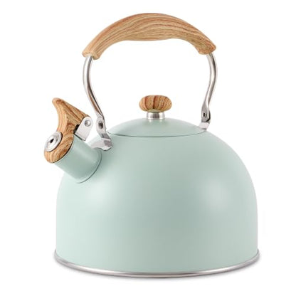 Stainless Steel 2.6 Qt Whistling Tea Kettle with Wood Pattern Handle - Turquoise