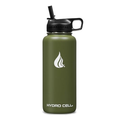 HYDRO CELL Stainless Steel Insulated Water Bottle with Straw - For Cold & Hot Drinks - Metal Vacuum Flask with Screw Cap and Modern Leakproof Sport Thermos for Kids & Adults (Army 32oz)