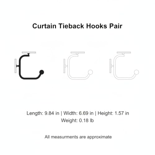 Black Aluminum Curtain Tieback Hooks, Window Treatment Holdbacks for Living Room & Bedroom (1 Pair)