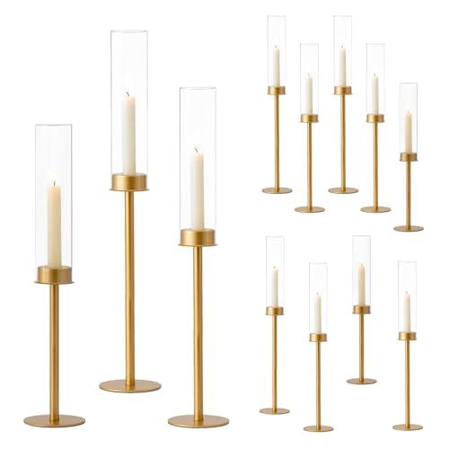 Hewory Gold Candlestick Holders 12PCS Glass Hurricane Tall Brass Base Matte Gold