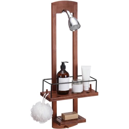 Wooden Shower Caddy with 2 Tiers for Bathroom Organization - Natural Bamboo