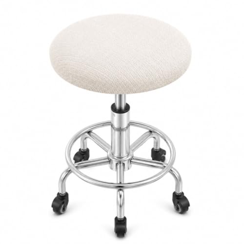 Beige Elastic Linen Textured Round Bar Stool Cover - Fits 10-14 Inches (S)