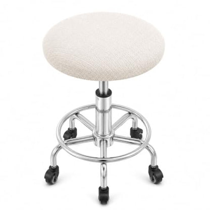 Beige Elastic Linen Textured Round Bar Stool Cover - Fits 10-14 Inches (S)