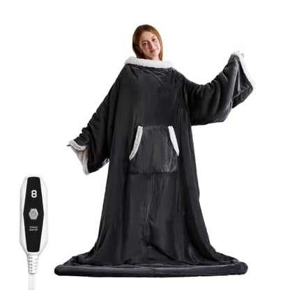 Dark Grey Wearable Heated Blanket with Foot Pockets, 52 x 72 Inches