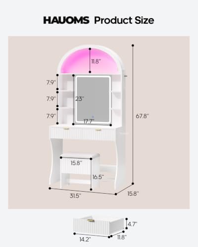 Small Vanity Desk with LED Mirror – Arched Fluted Vanity with Lights (White) by HAUOMS