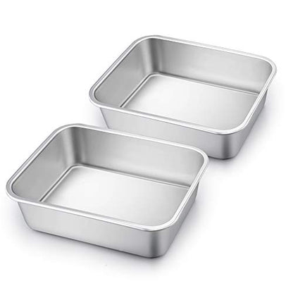 TeamFar Lasagna Pan Set of 2, Brownie Pan Deep Lasagna Pan Rectangle Cake Pan Stainless Steel for Baking Roasting, 10.7’’×8.3’’×3.2’’, Deep Dish & Heavy Duty, Dishwasher Safe & Stackable