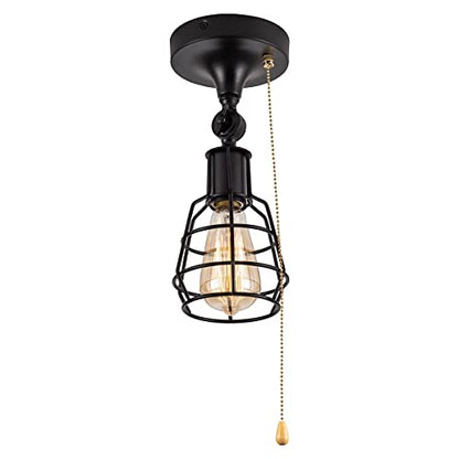 Industrial Farmhouse Close to Ceiling Light with Pull Chain 1 Light Black Semi Flush Mount Ceiling Light Adjustable Metal Cage Directional Wall Sconce Wall Lamp with Pull String for Kitchen Laundry