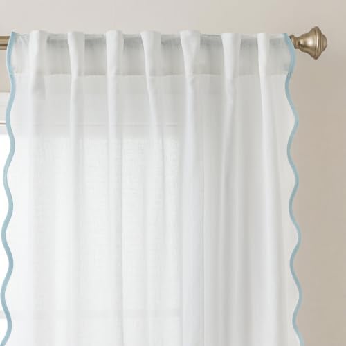 Light Blue and White Scalloped Curtains 50W x 63L Set - Semi-Sheer Drapes for Bedroom & Living Room