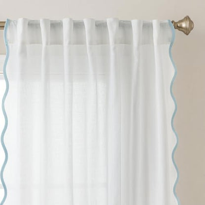 Light Blue and White Scalloped Curtains 50W x 63L Set - Semi-Sheer Drapes for Bedroom & Living Room