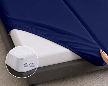 Navy Blue Split Queen Fitted Sheet Set - 12-Inch Deep Pocket, 2 Sheets & Pillowcases