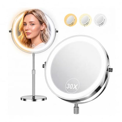 Dienmern 1X/30X Makeup Mirror with Lights - Chrome, 9-Inch Vanity Mirror