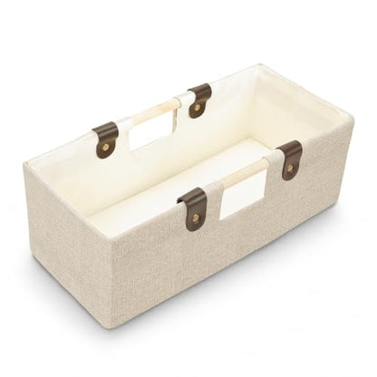 Foldable Fabric Toilet Paper Storage Basket with Wooden Handles - Beige