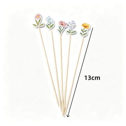100PCS Floral Design Cocktail Picks for Fruit & Snacks - Bamboo Toothpicks