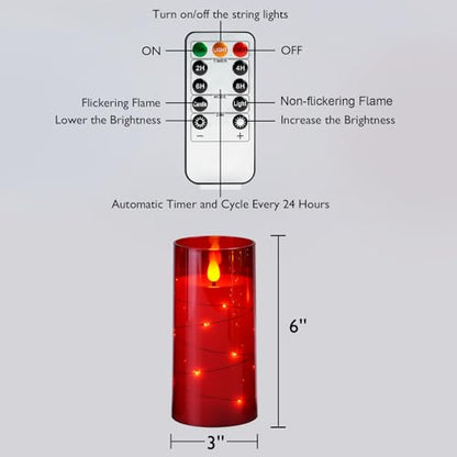 Red Flameless Candles 3x6 Inches with Remote Control - Flickering LED Pillar