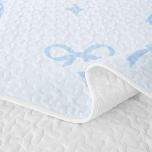 Castle Fairy Coquette Bows Twin Quilt Coverlet Set - White Light Blue, 2 Pieces