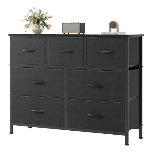 OLIXIS 7 Drawer Dresser for Bedroom, Wide Fabric Storage Tower with Wooden Top and Metal Frame, Closet Chest Organizer Furniture, TV Stand for Living Room Hallway, Rust Brown
