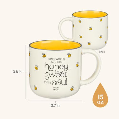 Large Ceramic Coffee Mug with Proverbs Bible Verse - Like Honey & Yellow Bee, 15 oz - Encouragement Gift for Women