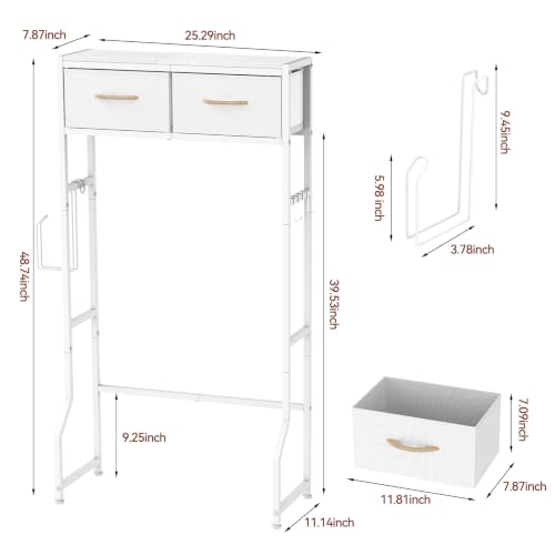 White Over The Toilet Storage Cabinet with 2 Fabric Drawers Bathroom Organizer