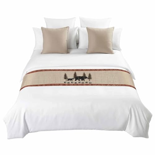 King Size Black Bear Rustic Bed Runner with Cream, Red Variations 102x20 Inches