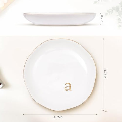 Personalized Ceramic Jewelry Tray - Gold Rim with Engraved Initial, 4.75" Gift for Women - Gold-a
