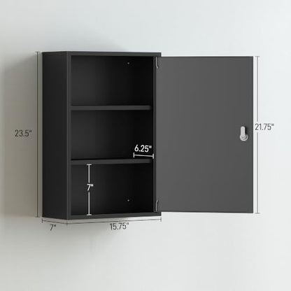 Steel Wall Mount Medicine Cabinet 3-Tier Lockable Bathroom Storage Black