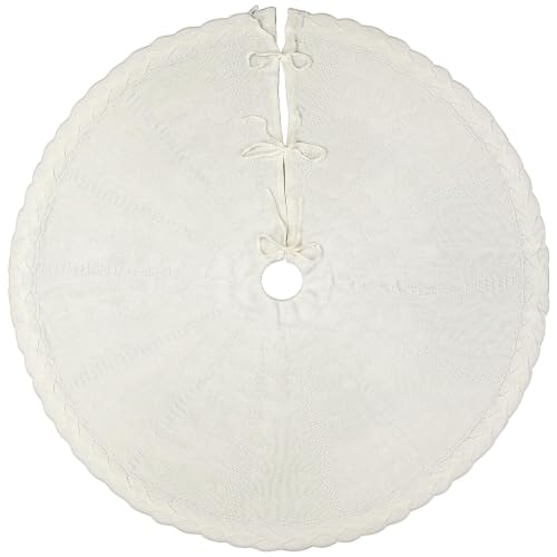 White 48 Inch Cream Knit Christmas Tree Skirt for 7-7.5 FT Trees, Boho Cable Knit Xmas Decor