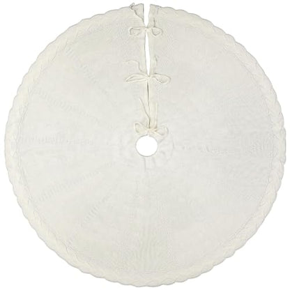 White 48 Inch Cream Knit Christmas Tree Skirt for 7-7.5 FT Trees, Boho Cable Knit Xmas Decor