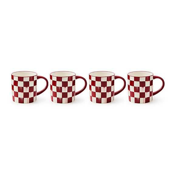 Stoneware Coffee Mug Set with Red and White Cherry Check Pattern