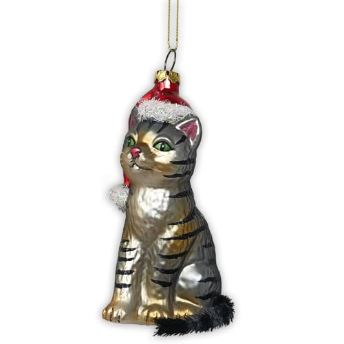 Adorable Tabby Cat with Santa Hat Glass Christmas Ornament - Seasonal Decor