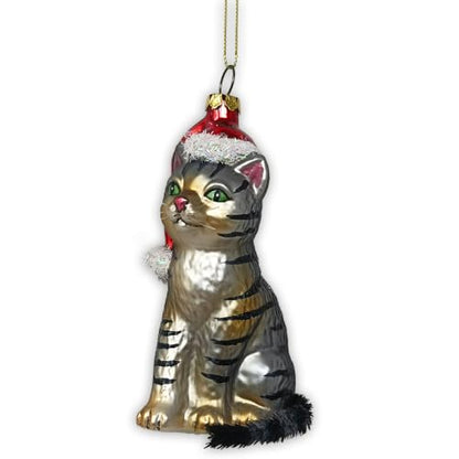 Adorable Tabby Cat with Santa Hat Glass Christmas Ornament - Seasonal Decor
