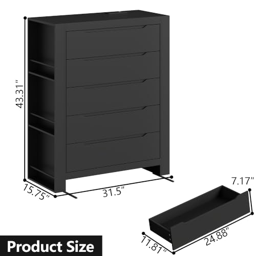 Black Tall Dresser with 3-Tier Open Shelves, Built-In Charging & LED Light — 5 Drawers