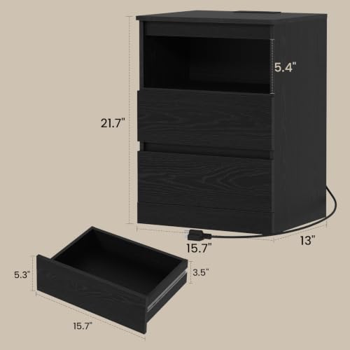2-Pack Nightstands with Charging Station, LED Lights & 3 Drawers - Black
