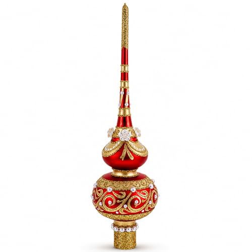 Hand-Painted Glass Christmas Tree Topper with Roses and Pearls - 11 Inch
