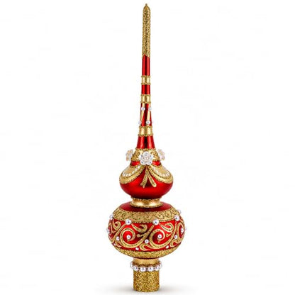 Hand-Painted Glass Christmas Tree Topper with Roses and Pearls - 11 Inch