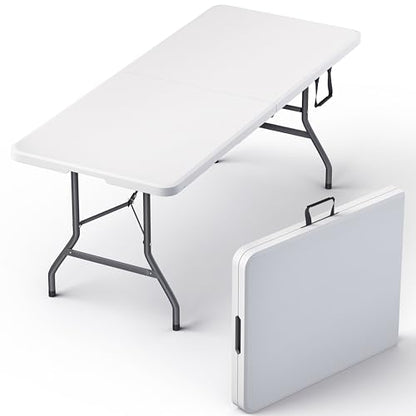 6 Feet Foldable Table with Built in Handle & Steel Legs | Heavy Duty Portable | Perfect for Party, Dining, Wedding, Events, Picnic Indoor, Outdoor, Camping, Utility, Temporary (White, 71")