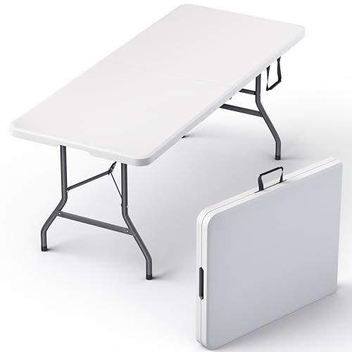 6 Feet Foldable Table with Built in Handle & Steel Legs | Heavy Duty Portable | Perfect for Party, Dining, Wedding, Events, Picnic Indoor, Outdoor, Camping, Utility, Temporary (White, 71")