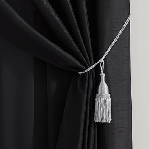 Black Silver Jacquard Floral Window Curtain Set with Sheer Backing and Tassels