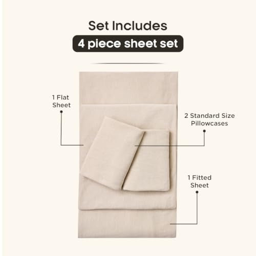 Queen Size Heathered Jersey Knit Cotton Sheet Set - Oatmeal | 4 Pieces